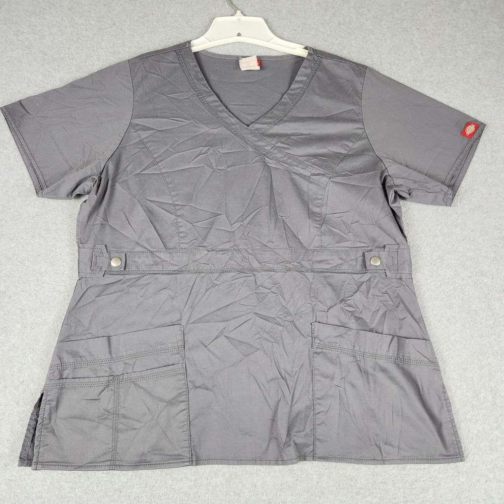 Dickies Scrub Top Womens Large Gray Medical Professional Workwear Utility V-Neck
